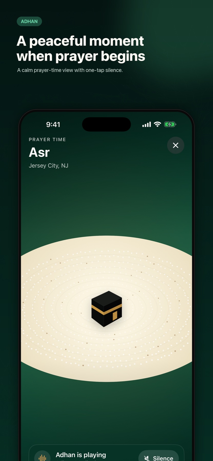 Adhan screen with a peaceful Kaaba illustration