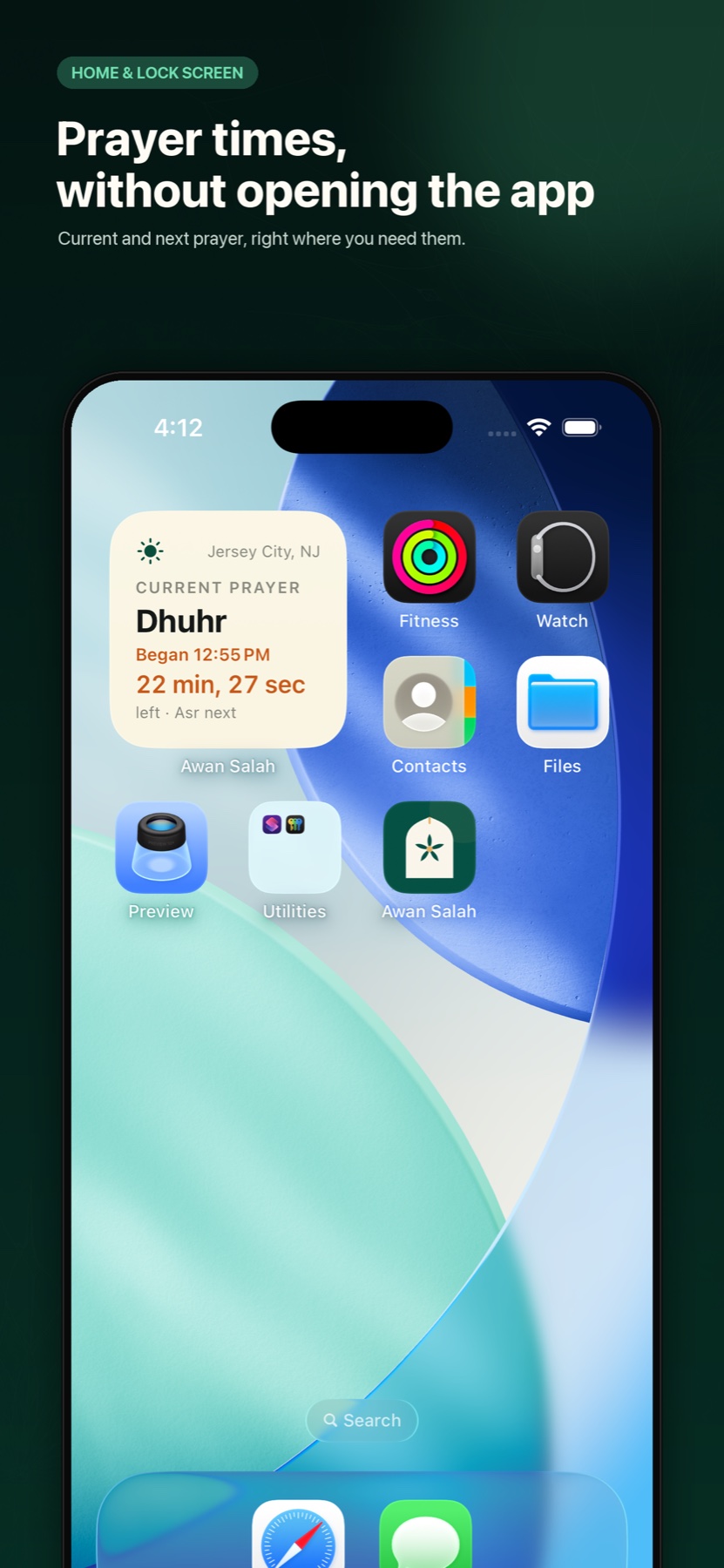 Awan Salah prayer widget on the iPhone Home Screen
